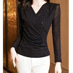 New Spring Women's T-Shirt Cross V-Neck Solid Color Bright Powder Slim Long-Sleeved Mesh Tops Elastic Bottoming Shirt RT220