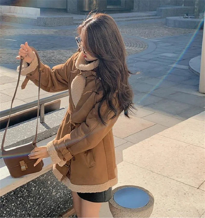 2024 Autumn Winter New Medium Long Double-breasted Lambswool Suede Woolen Coat Women Add Velvet Padded Warm Fur One Woolen Coats RT220