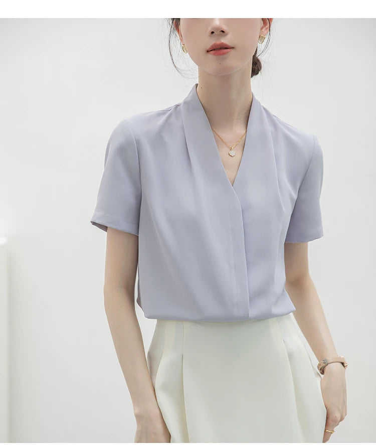 2025 Fashion Summer Short Sleeve V-Neck Women Blouse White Blouse Shirt Women Tops Blouses Shirts Blusas Para Mujer Camisas XL86 RT220