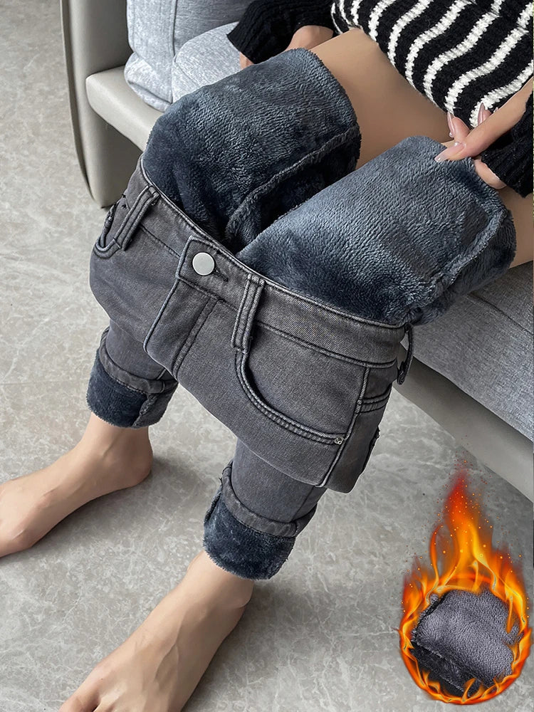 Skinny Women's Warm Jeans Winter Thicken Fleece Stretch High Waist Pencil Pants Fashion Korean Black Blue Gray Velvet Leggings RT220