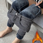 Skinny Women's Warm Jeans Winter Thicken Fleece Stretch High Waist Pencil Pants Fashion Korean Black Blue Gray Velvet Leggings RT220
