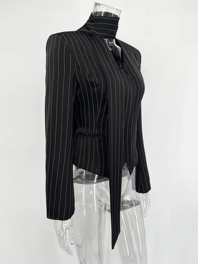 Trendix Elegant Blazer 2 Piece Sets Women V Neck Patchwork Scarf Lace Up Jackets Femme Bodycon Skirt And Commuting Blazers Suits RT220