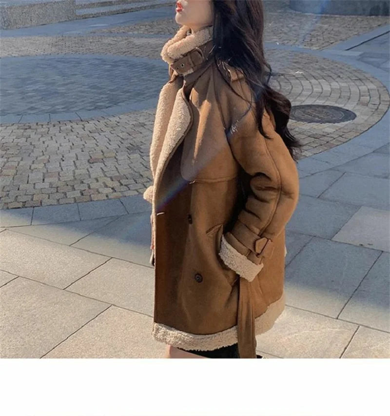 2024 Autumn Winter New Medium Long Double-breasted Lambswool Suede Woolen Coat Women Add Velvet Padded Warm Fur One Woolen Coats RT220