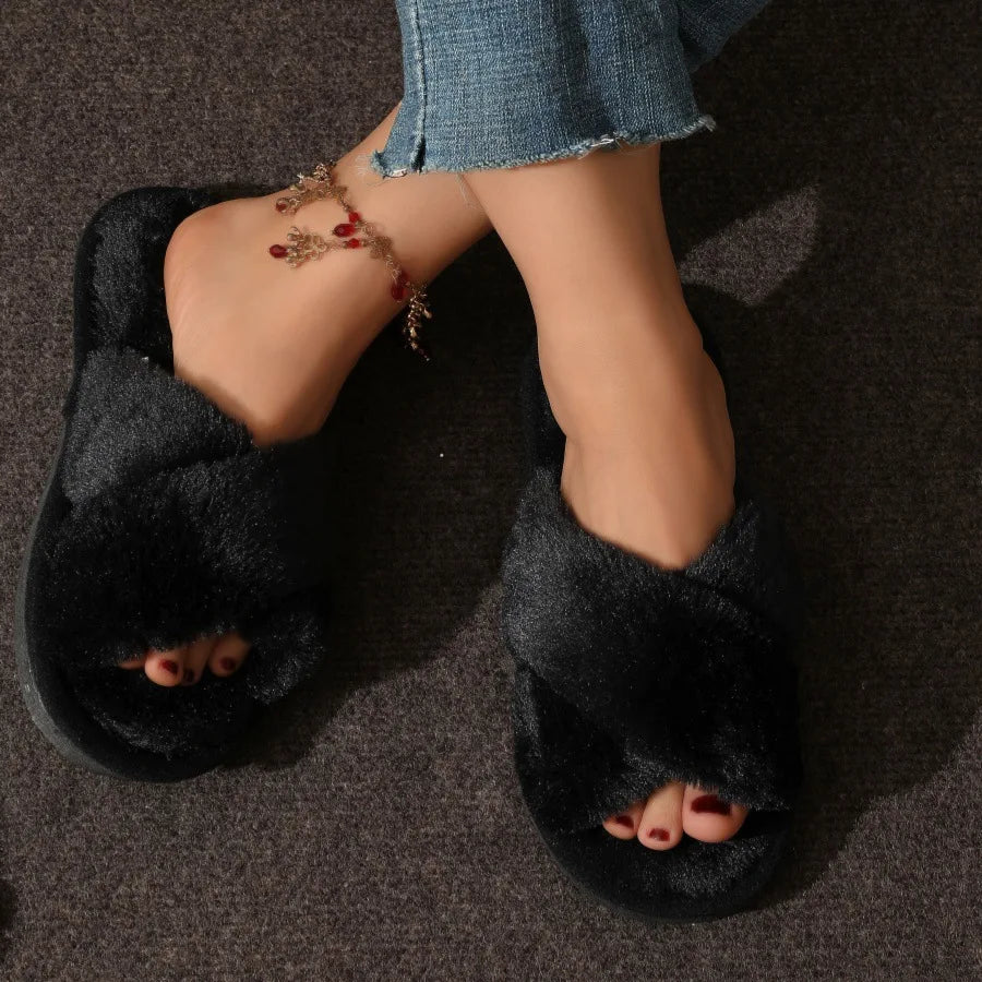 Women’s Cross Band Fur Slippers Indoor Furry Fuzzy Open Toe Shoes Home Cozy Warm Slides Double Straps Slipper Soft Sole Non Slip RT220