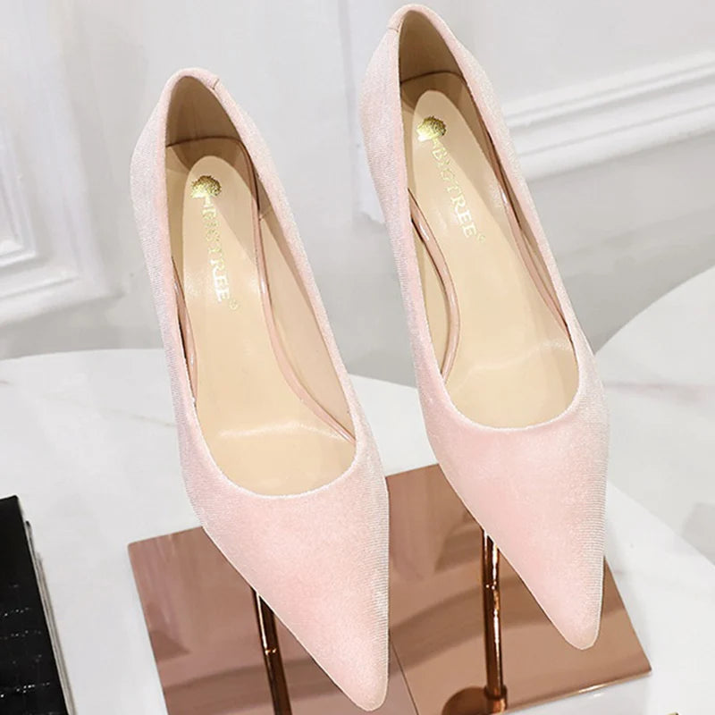 Western Style Fashion Simplicity Party Women Shoes 4.5cm Thin Heels Mid-heels Shallow Pointed Toe Flock Ladies Shoes Wine Red RT220