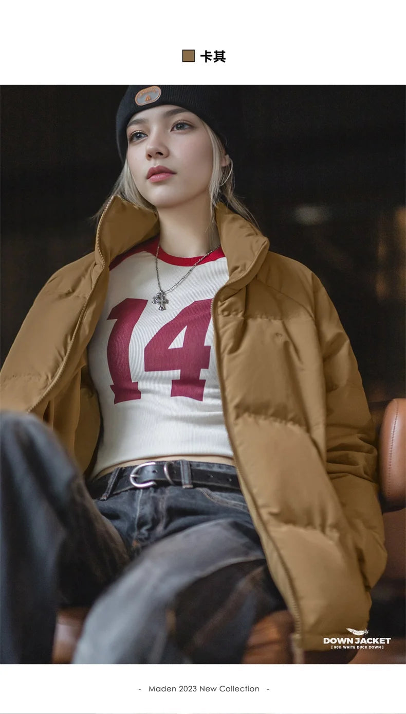 Maden Women Down Jacket Autumn Winter 90% White Duck Down Thickened and Warm Stand Collar Outerwear Coat Windproof Jacket RT220
