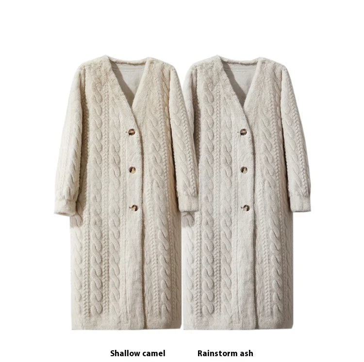 Women Fur Cardigan Thickened Long2025Spring And Autumn V-neck Jacket Female Loose Simple Leisure With Buttons Faux Fur Mink Coat RT220