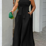 2023 Summer Women's Clothing Slanted Collar Unilateral Tie Irregular Strapless High Waist Pocket Wide Leg Pants Casual Jumpsuit RT220