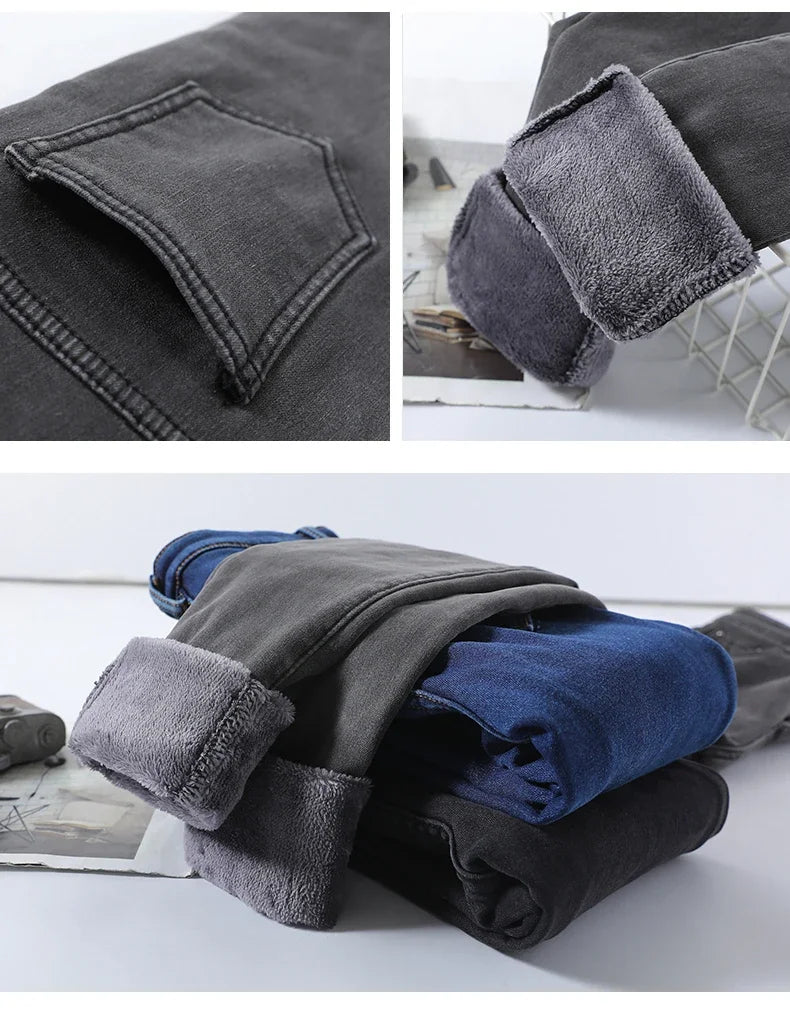 Skinny Women's Warm Jeans Winter Thicken Fleece Stretch High Waist Pencil Pants Fashion Korean Black Blue Gray Velvet Leggings RT220