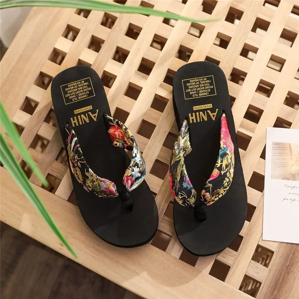 Summer EVA Beach Platform Slippers Wedge Sandals 3/5.2cm Heel High Fashion Casual Satin Printing Vacation Women's Slippers RT220