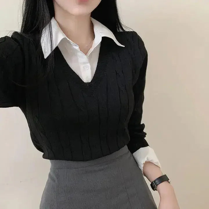 Korean Chic Spring and Autumn Age-Reducing Sweaters Retro Temperament Preppy Fake Two Pieces Shirts Twist Knit Women's Y2k Tops RT220