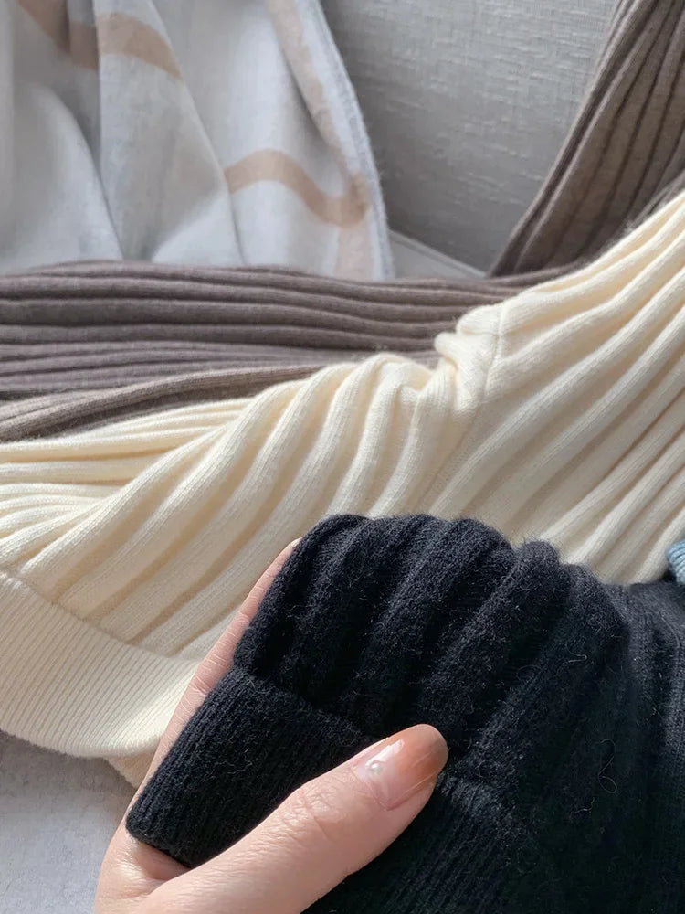 Autumn Winter Casual Thick Knitted Pant Women Long Trousers Elastic High Waist Kniting Wide Leg Pants Striped Pantalon RT220