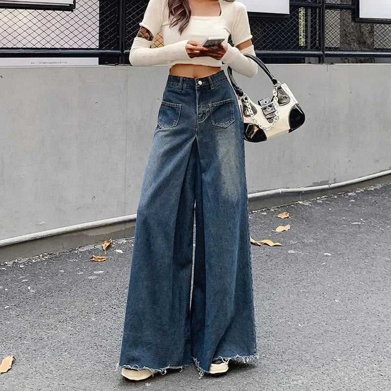 Woman High Waist High Street Wide Leg Jeans Female Loose Designer Pants Girls Fashion Y2k Blue Light Blue Gothic Denim Trousers RT220