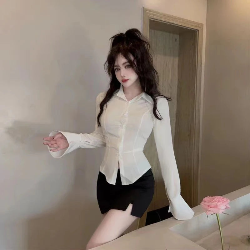 Sexy Slim Bandage Shirts Women Y2K Fashion Lapel Bell Sleeve White Blouses Female Korean Streetwear Spring Buttons Tops New RT220