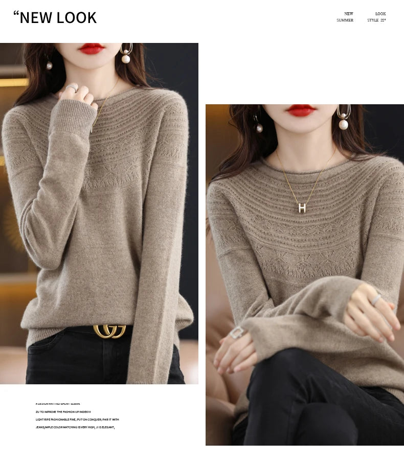 100% Merino Wool Knitted Sweater Autumn/Winter 2024 New Women's Round Neck Hollow Top 11 Color Pullover Versatile Coat NJR1107 RT220