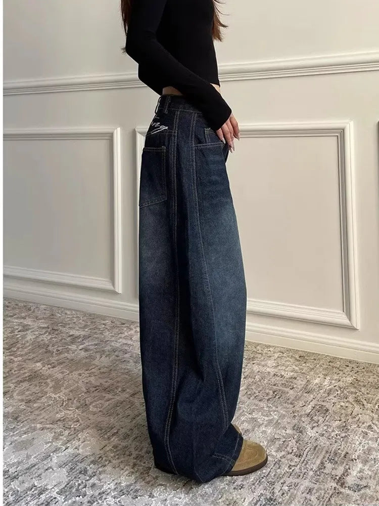 2025 Ropa Y2K Fashion Letter Embroidery Vintage Dark Blue Baggy Jeans Pants Women Clothing New Rock Wide Leg Lady Denim Trousers RT220