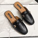 New Summer Fashion Metal Buckle Woman Shoes Half-drag Muller Shoes Women Wear Flat Slippers And Leather Toe-covered Sandals RT220