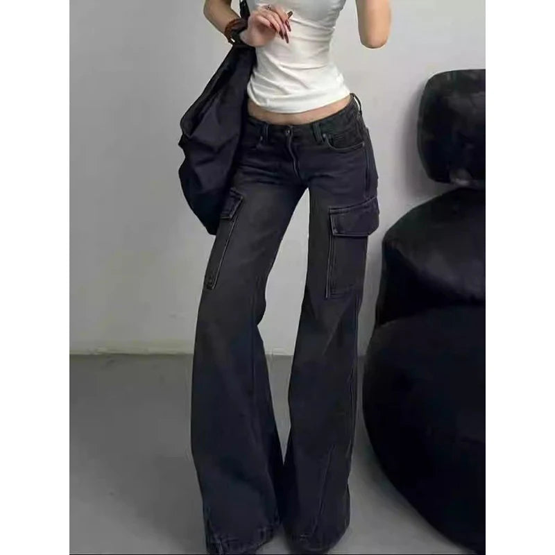 Streetwear Vintage Black Jeans Women American Y2K Slim High Waist Flare Denim Pants Female Casual Multiple Pockets Denim Trouser RT220