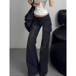Streetwear Vintage Black Jeans Women American Y2K Slim High Waist Flare Denim Pants Female Casual Multiple Pockets Denim Trouser RT220