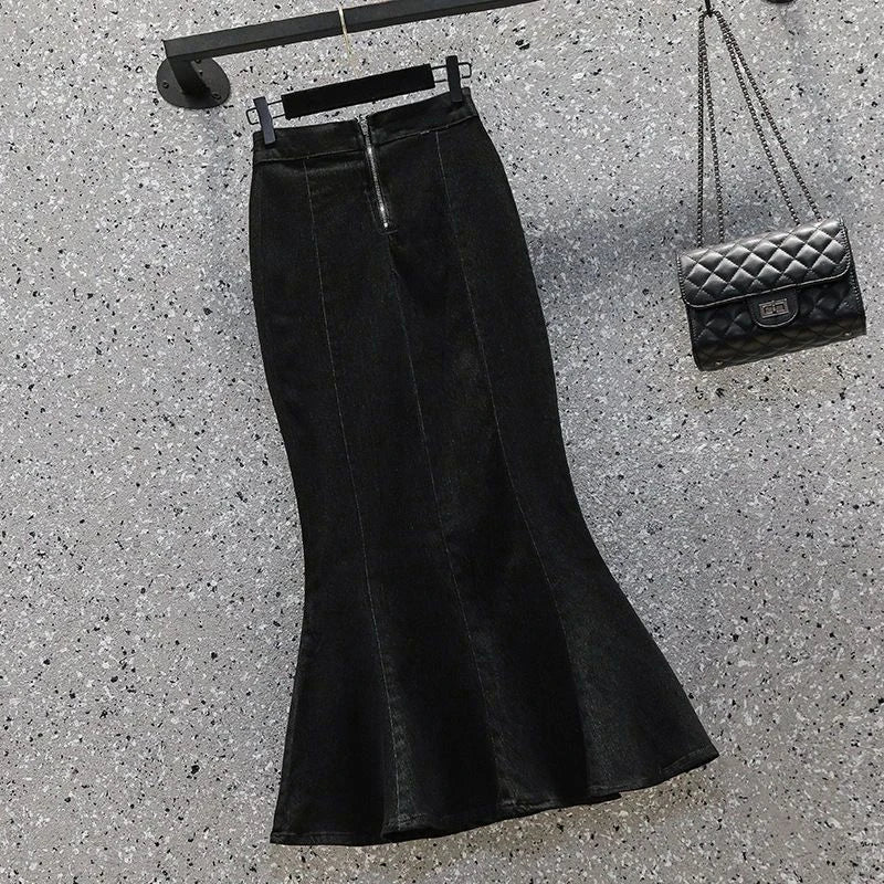 Rimocy High Waist Mermaid Denim Skirt Women Summer Trumpet Split Long Skirts Woman Korean Style Hip-Wrap Flare Middle Skirt RT220