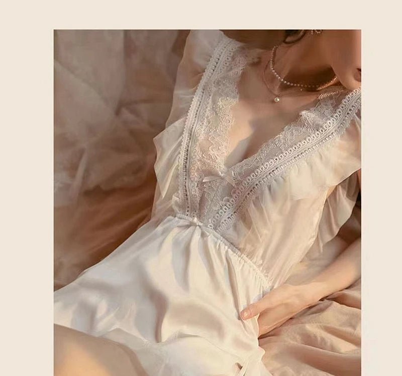 2022 New Sleepwear Women Summer Silk Nightdress Beauty Back Night Dress Home Clothes Nightwear Sleepshirts Satin Negligee RT220