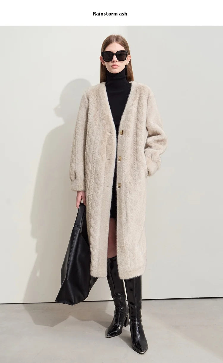 Women Fur Cardigan Thickened Long2025Spring And Autumn V-neck Jacket Female Loose Simple Leisure With Buttons Faux Fur Mink Coat RT220
