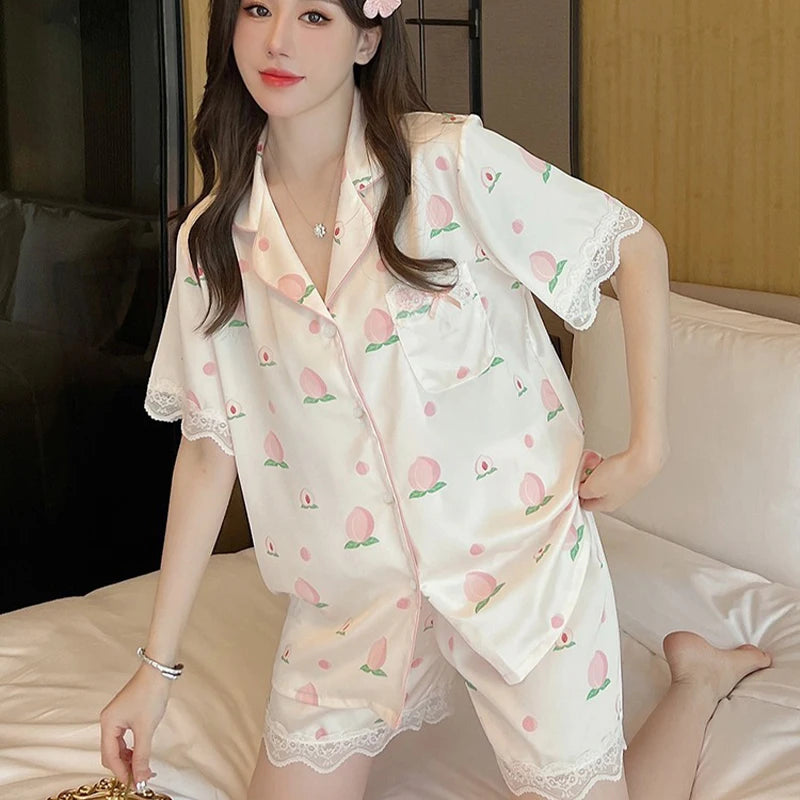 Honey Peach Print Lace Korean Ins Style Pajamas Women Y2k Three-piece Set Classy Sweet Cute Lady Lounge 2024 New Spring Homewear RT220