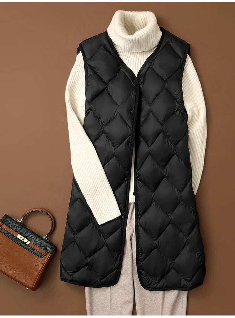 Women Sleeveless X-long Ultra Light Down Jackets 2024 New Arrivals Autumn Winter Korean Fashion V-neck Liner Vest Down Coats 3XL RT220