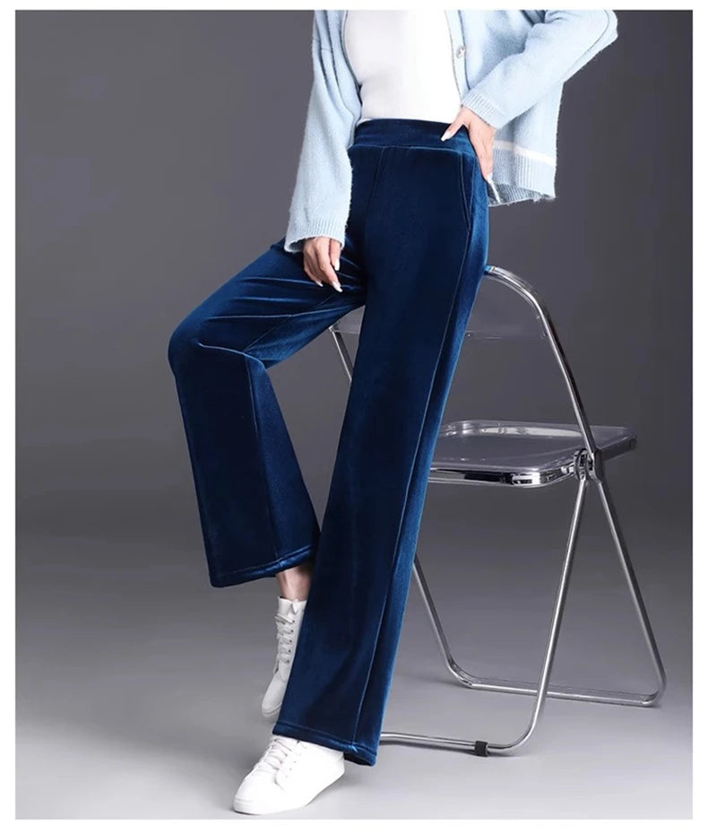 Golden Velvet Wide Legged Pants 2024 Spring and Autumn High Waist Hanging Good Casual Pants Blue Loose Straight Women's Pants6XL RT220