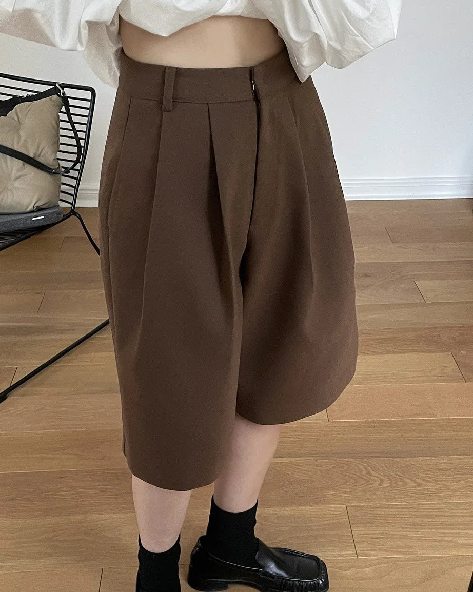 [LANMREM] Pleated Wool Shorts For Women High Waist Straight Office Lady Loose Clothing Korean Style 2025 Summer New 26D8692 RT220