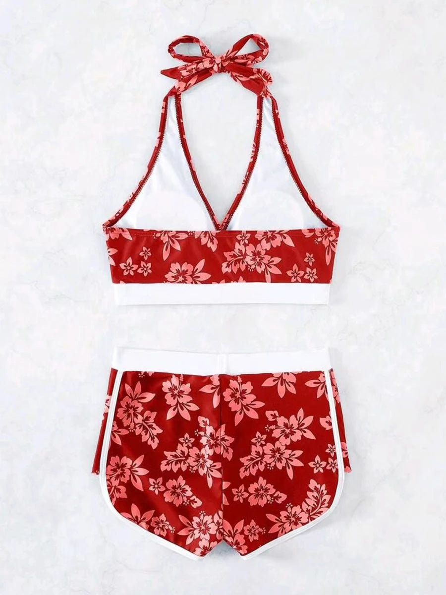 2025 Halter Sporty Bikinis Printed Swimsuit Women High Waist Shorts Swimwear Female Bathers Bathing Swimming Swim Suit Beachwear RT220