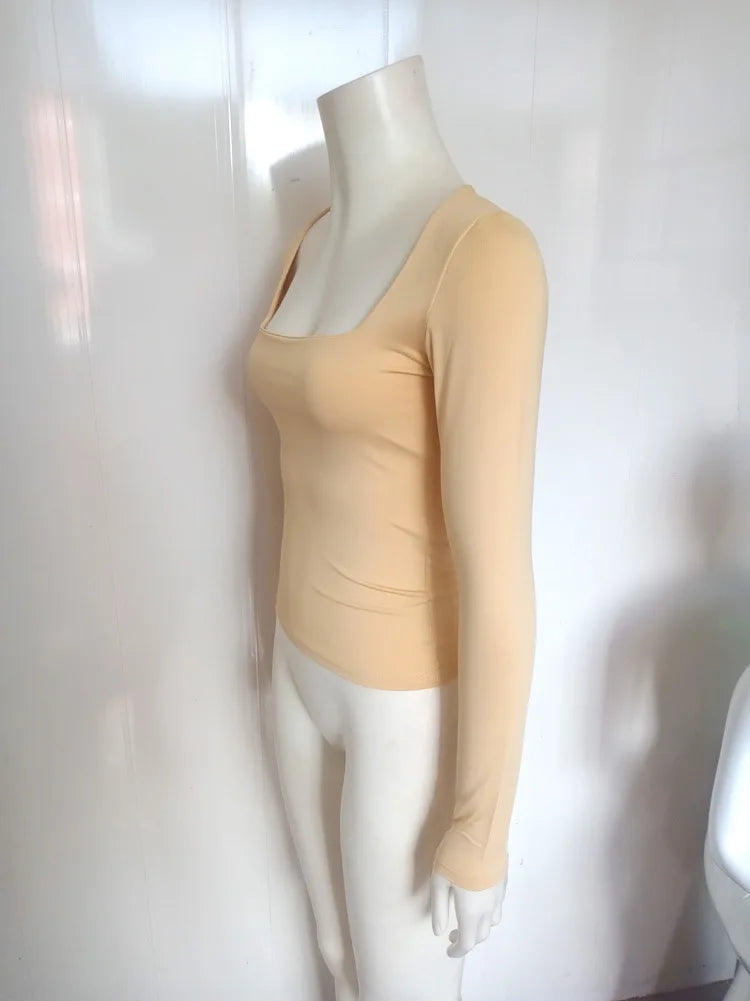 Sexy Solid Color Square Collar Elastic Slim T Shirt Women Long Sleeves Bottoming Shirt Ladies Tee Shirt Tops Camisetas Mujer RT220