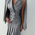 3pcs Women Elegant Work Casual Business Suit Set: Fitted Vest for Spring/Summer, Pleated Midi Skirt, Suitable for Office Lady RT220