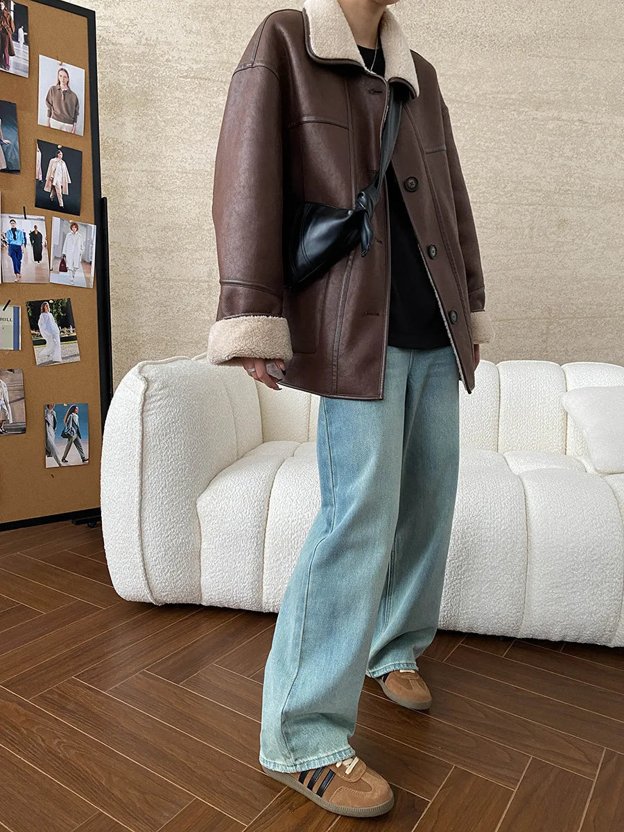 [LANMREM] Faux Fur Thick Warm Coats Lapel Single Breasted Office Lady Elegant Female Outwear Fashion 2025 Winter New 26C1095 RT220