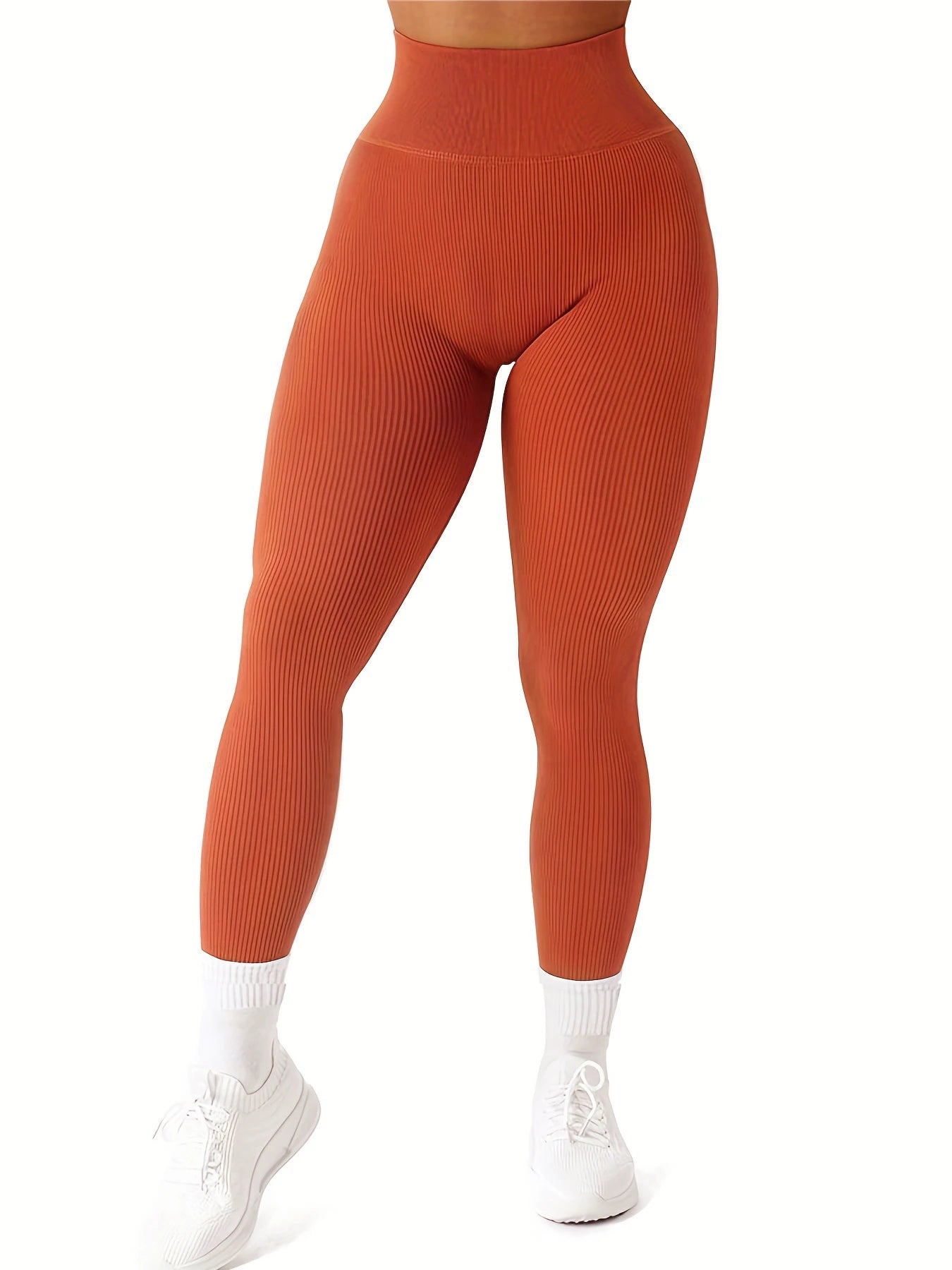 Women's Solid Color High Waist Simple Yoga Fitness Daily Ribbed Sports Cycling Leggings RT220