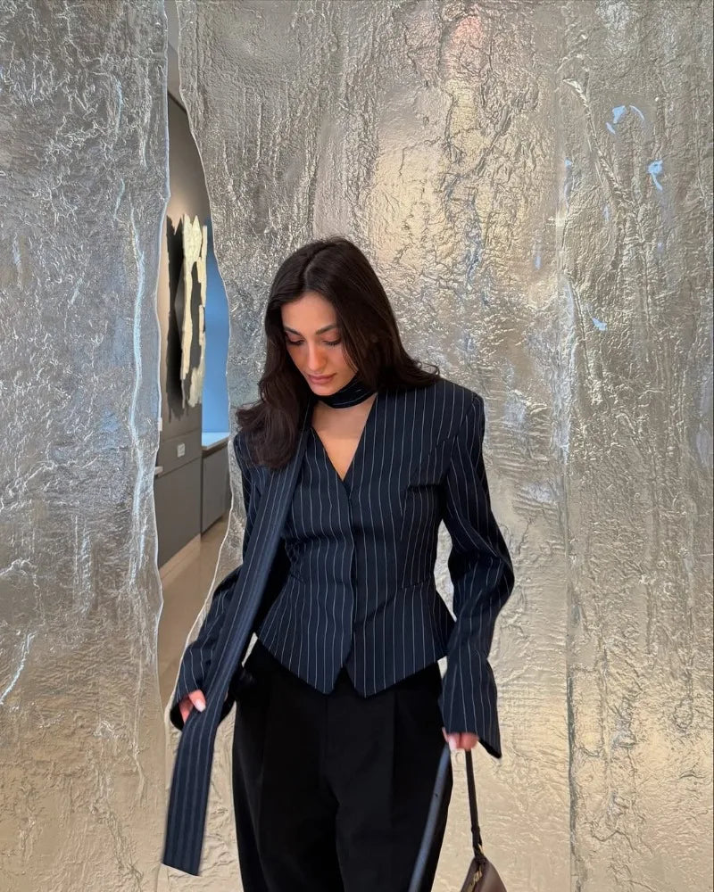 Trendix Elegant Blazer 2 Piece Sets Women V Neck Patchwork Scarf Lace Up Jackets Femme Bodycon Skirt And Commuting Blazers Suits RT220