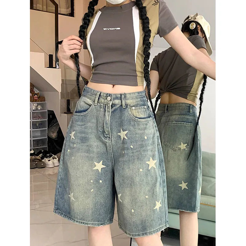 American Style Vintage Women's Short Jeans High Waisted Washed Wide Leg Denim Pants Woman Fashion Do Old Star Knee Length Shorts RT220