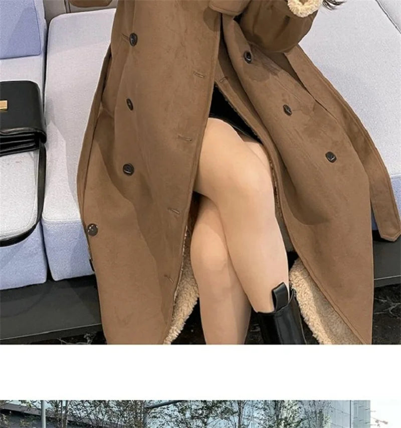 2024 Autumn Winter New Medium Long Double-breasted Lambswool Suede Woolen Coat Women Add Velvet Padded Warm Fur One Woolen Coats RT220