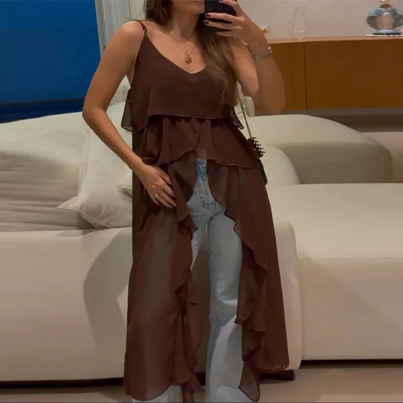 Women Ruffles Long Shirts Dress Summer Elegant Solid Sleeveless Blouse Ladies Casual 2025 Beach V Neck Backless Top Femme Blusas RT220