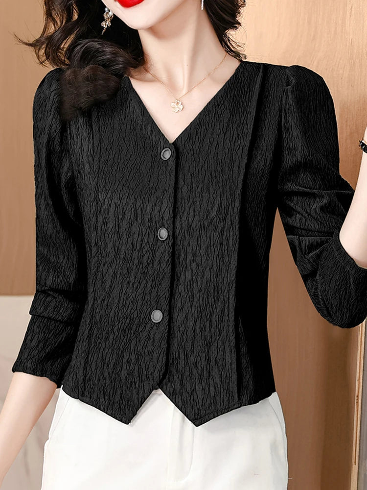 Fashion V-Neck Womens Shirts And Blouse 2025 Spring Autumn Simplicity Streetwear Tops Women Elegant Slim Casual Clothing Femme RT220