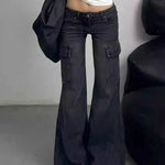 Streetwear Vintage Black Jeans Women American Y2K Slim High Waist Flare Denim Pants Female Casual Multiple Pockets Denim Trouser RT220
