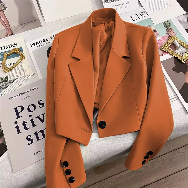 Korean Cropped Blazers Women Autumn Solid Color Simple Single-button Outwear Teens All-match Long Sleeve Office Lady Suit Jacket RT220