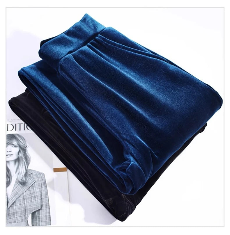 Golden Velvet Wide Legged Pants 2024 Spring and Autumn High Waist Hanging Good Casual Pants Blue Loose Straight Women's Pants6XL RT220