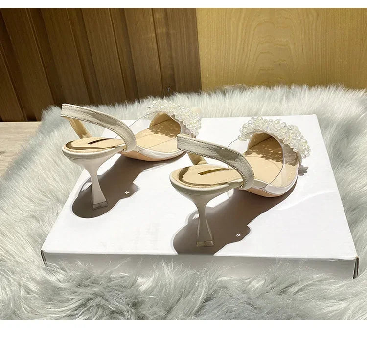 Summer Women Baotou Sandals 2024 New French Transparent Pointed Toe Crystal Stiletto Heel Sandals Pumps Zapatillas Mujer RT220