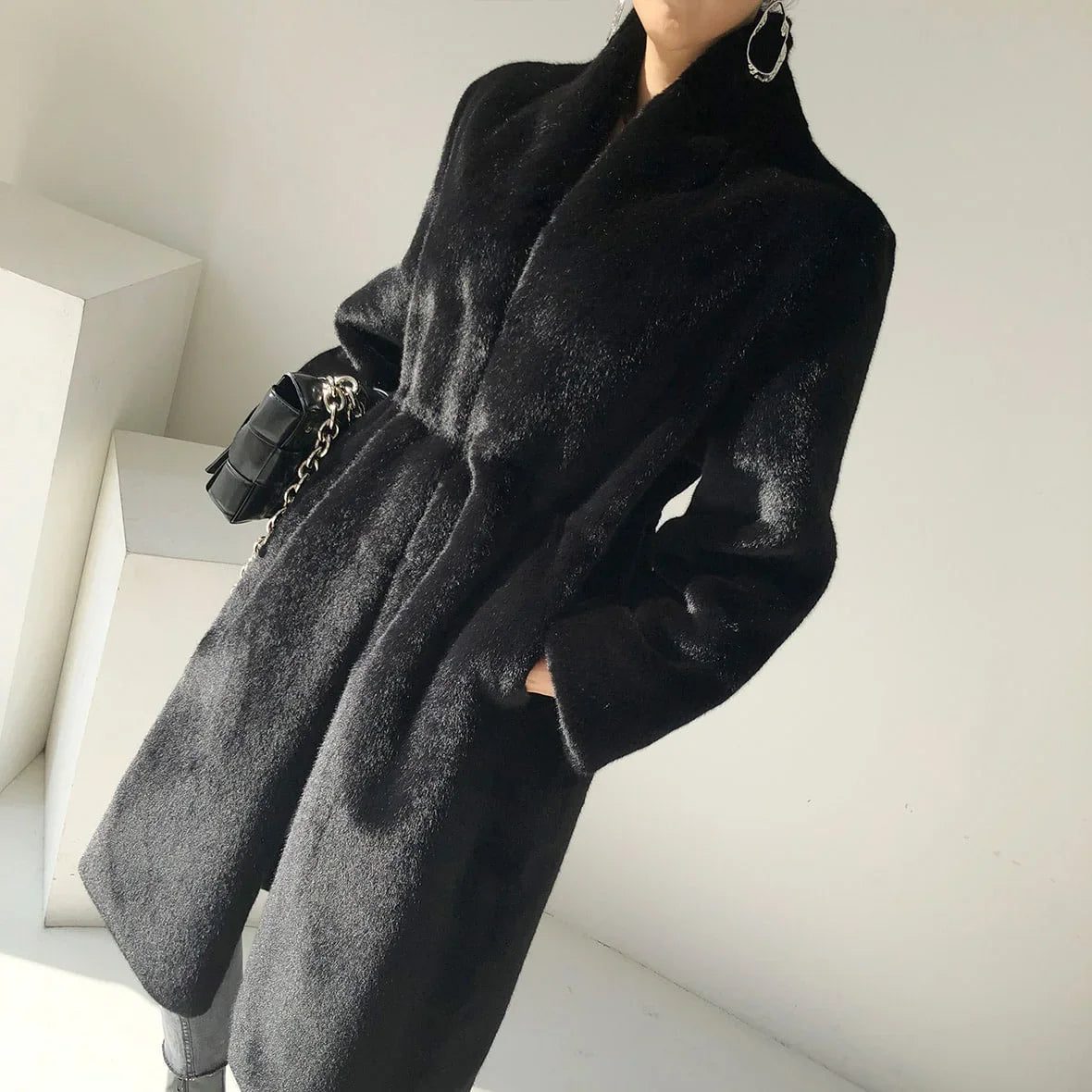 Faux Fur Coats Women Stand Collar Mid Length Long Coat Thick Maxi Warm Y2k Tops Open Stitch Elegant Autumn Winter Black Jackets RT220
