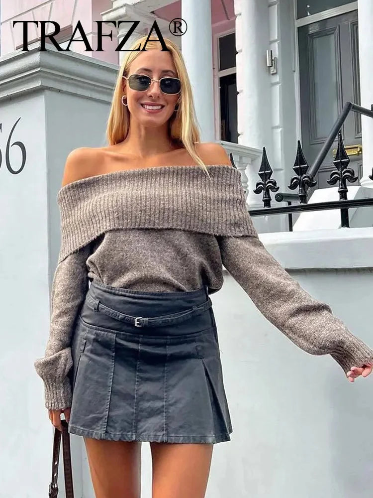 TRAFZA Women's Fashion Solid Off Shoulder Sweaters Casual Long Sleeve Folding Slim Fit Pullover Autumn Female Sexy Knitted Tops RT220