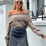 TRAFZA Women's Fashion Solid Off Shoulder Sweaters Casual Long Sleeve Folding Slim Fit Pullover Autumn Female Sexy Knitted Tops RT220