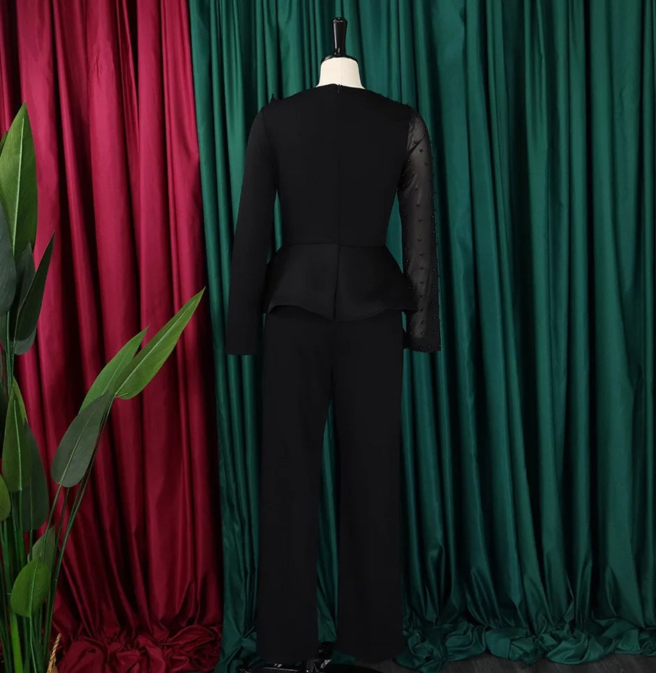 Luxury Jumpsuits & Rompers for Women Round Neck Beaded Transparent Sleeve High Waisted Elegant Female Birthday Party Overalls RT220