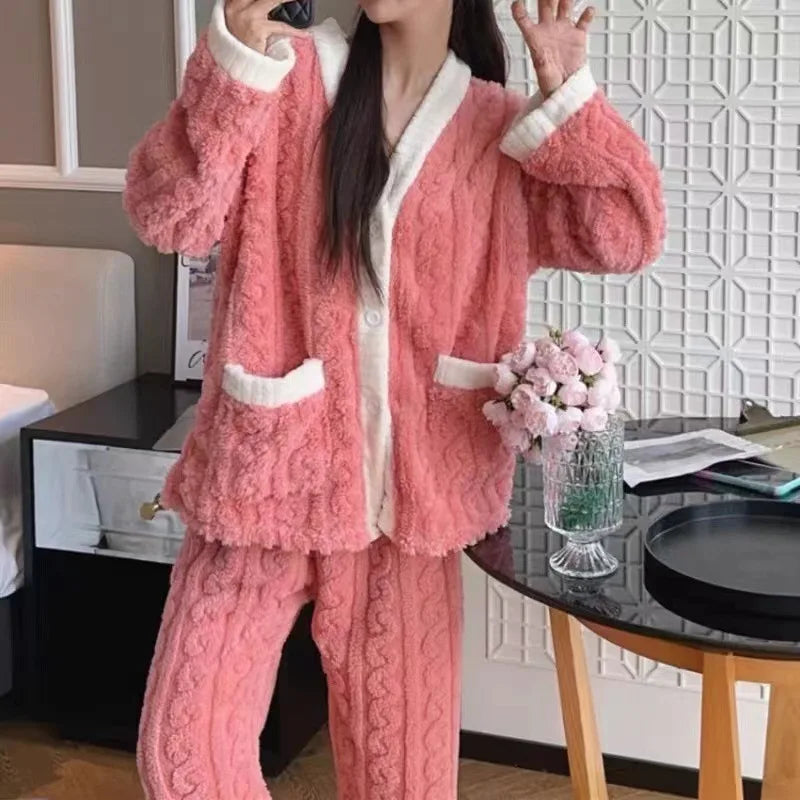 2pcs/Set Autumn And Winter Pajamas Women Thickened Padded Warm Students Coral Girls Clot Velvet Suit Homewear Cardigan Trousers RT220