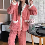2pcs/Set Autumn And Winter Pajamas Women Thickened Padded Warm Students Coral Girls Clot Velvet Suit Homewear Cardigan Trousers RT220